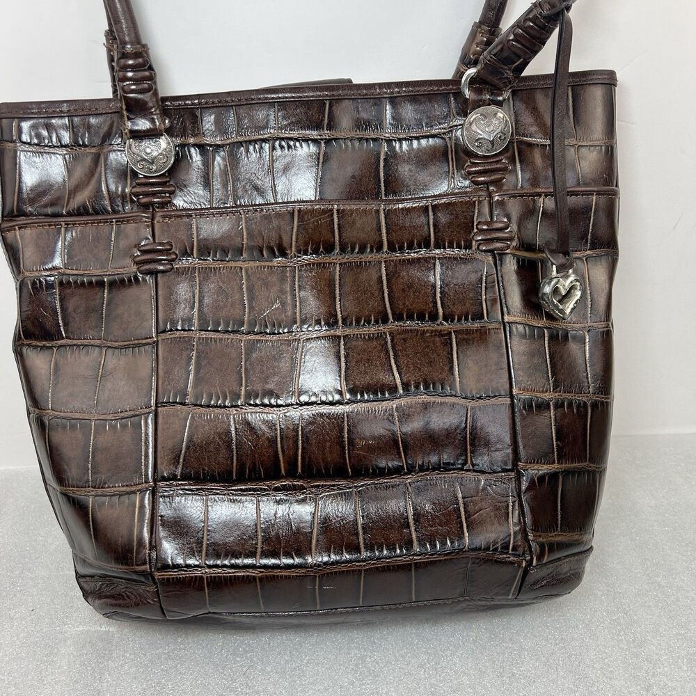 Brighton Brown Croc Embossed Leather Tote Shoulder Bag Heart Charm - Picture 4 of 14